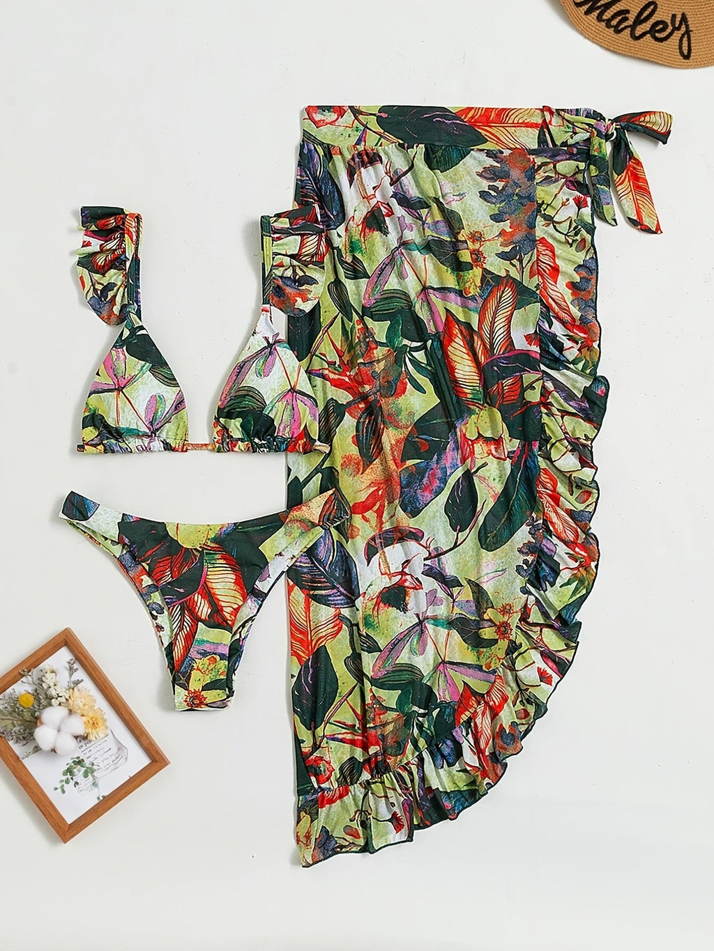 Bloom Breeze 3-Piece Bikini Set – Elegant High Cut Floral Fluttering Swimsuit with Lettuce Trim Tie Back Bandeau and Coordinating Cover Up Skirt – Women's Romantic Swimwear for Beach & Resort Vacations