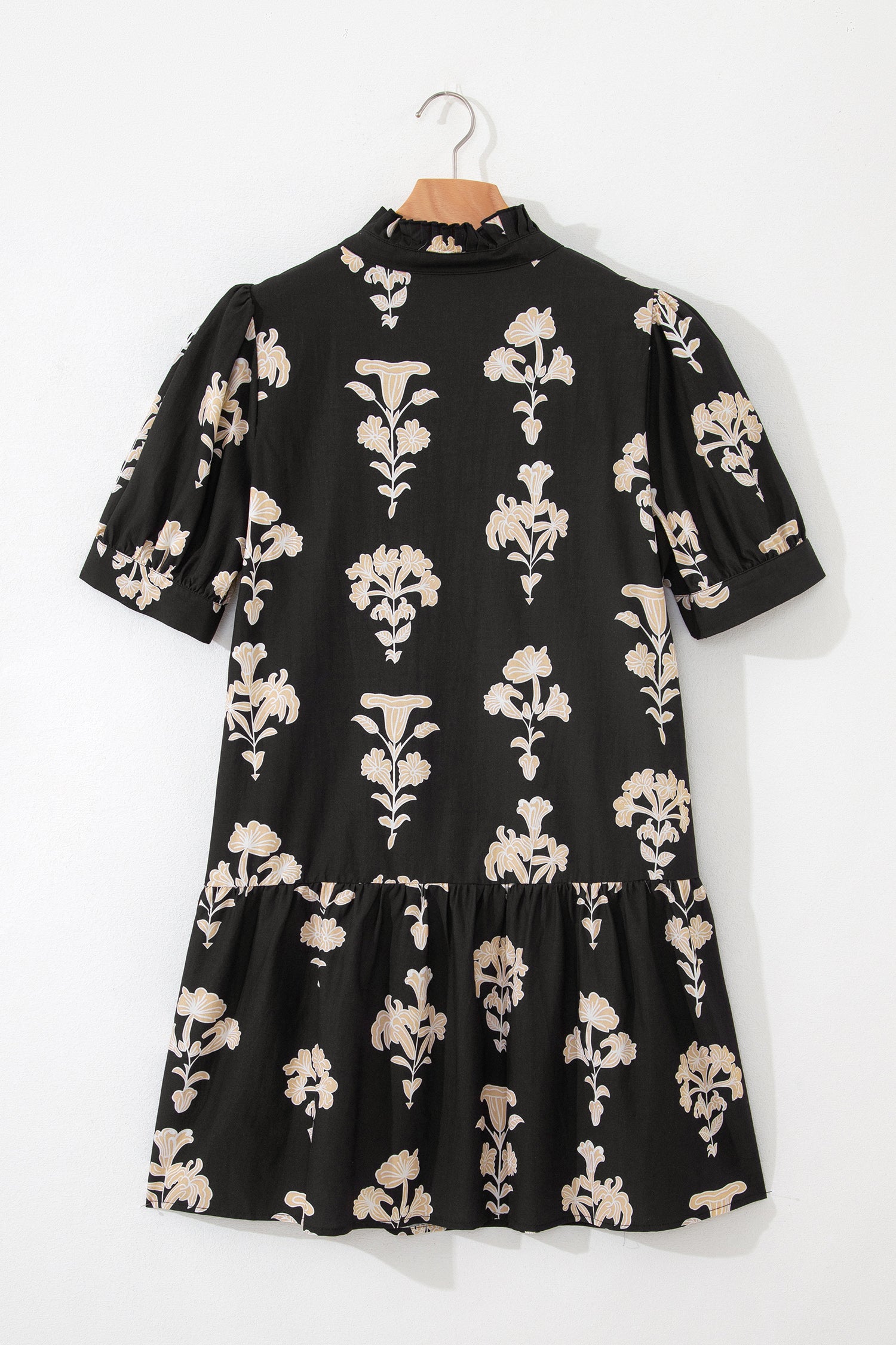 Green Frilled V Neck Puff Short Sleeve Floral Mini Dress