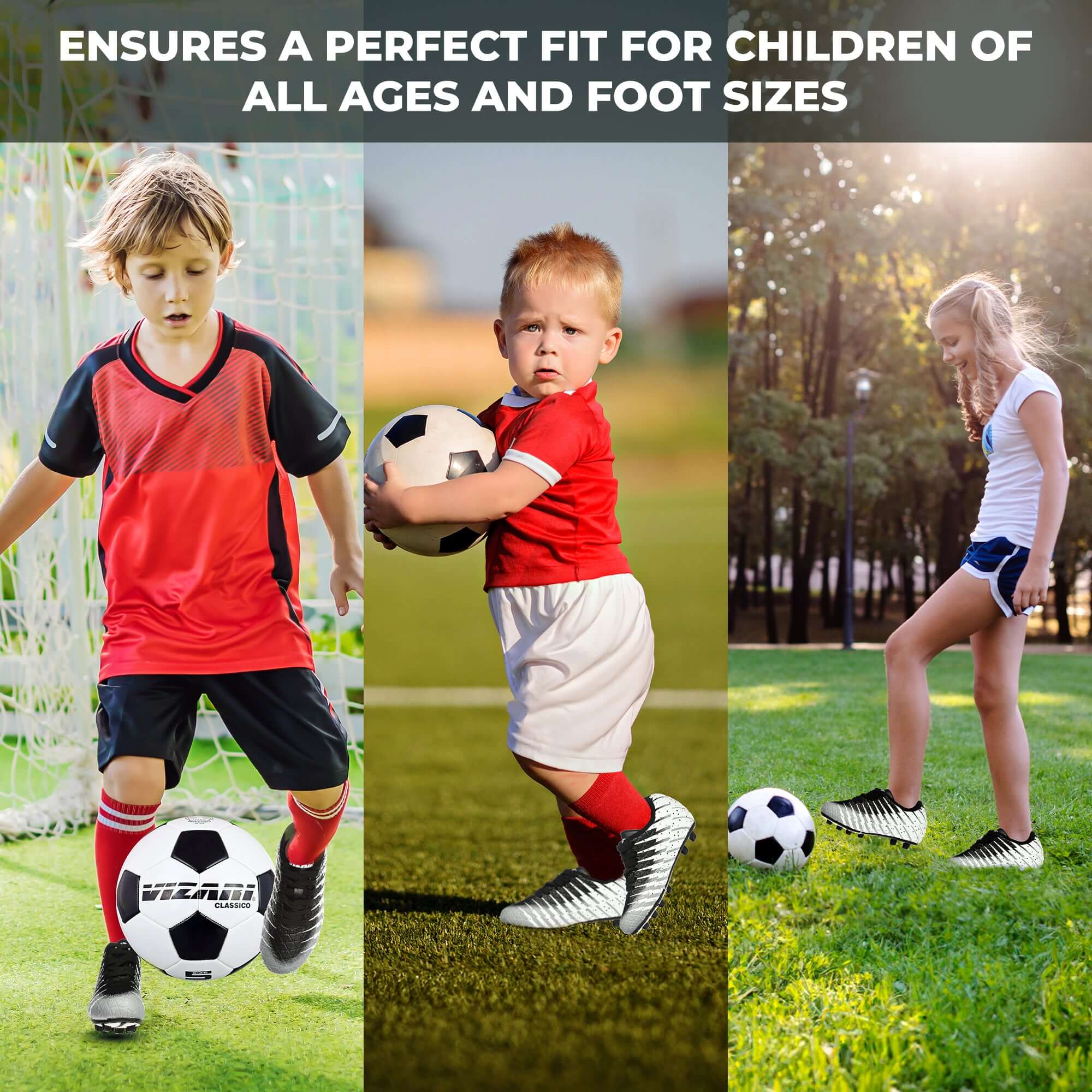 Kids Firm Ground Soccer Cleats – Black/White/Silver Vizari Sports