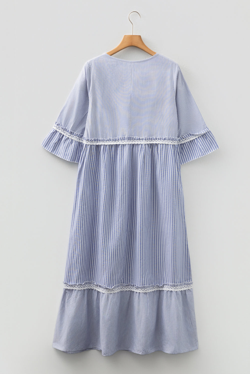 Sky Blue Stripe Patchwork Lace Detail Bracelet Sleeve Maxi Dress
