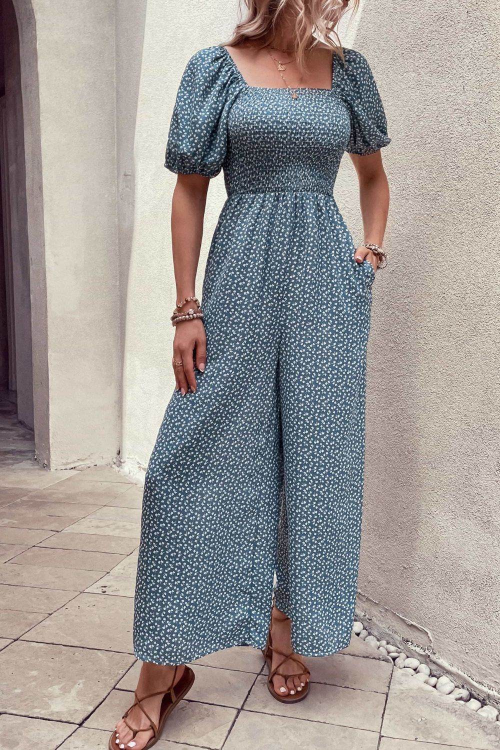 Printed Square Neck Women Jumpsuit with Pockets
