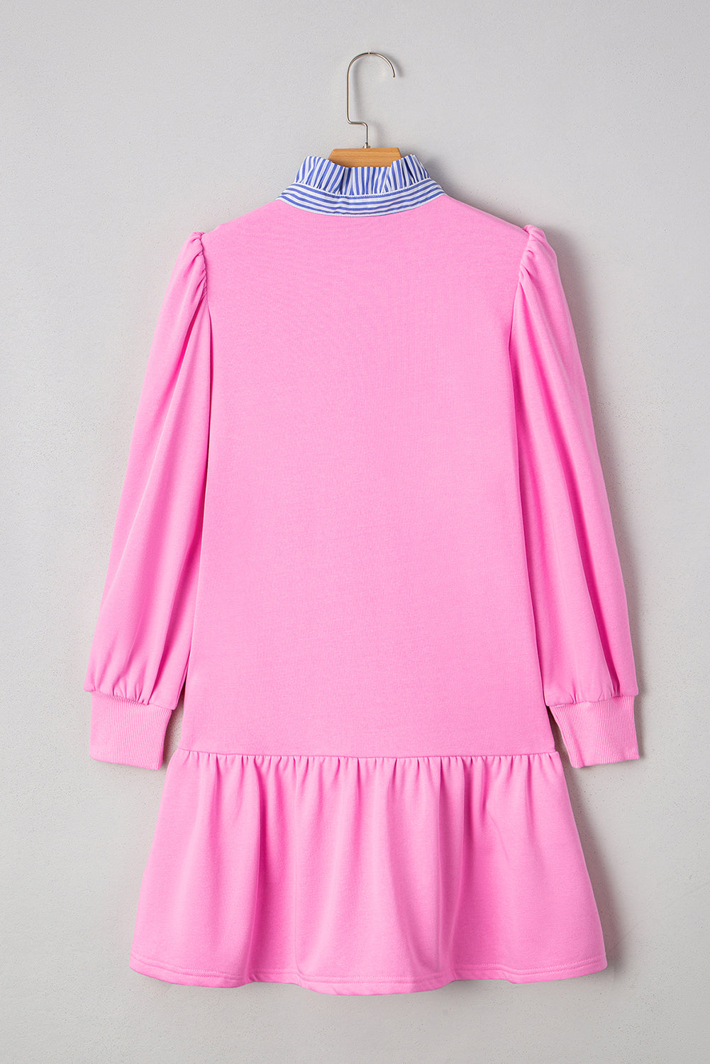Fiery Red Striped Collar Long Sleeve Ruffle Hem Dress