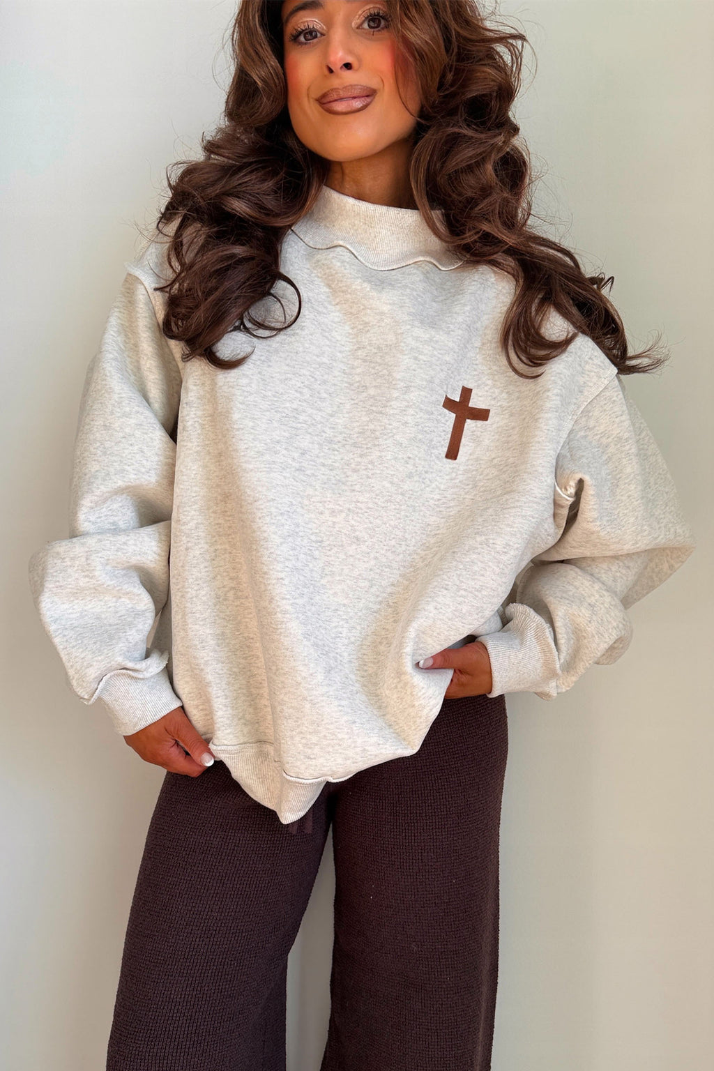 Light Grey Mock Neck Christian Faith Print Pullover Sweatshirt