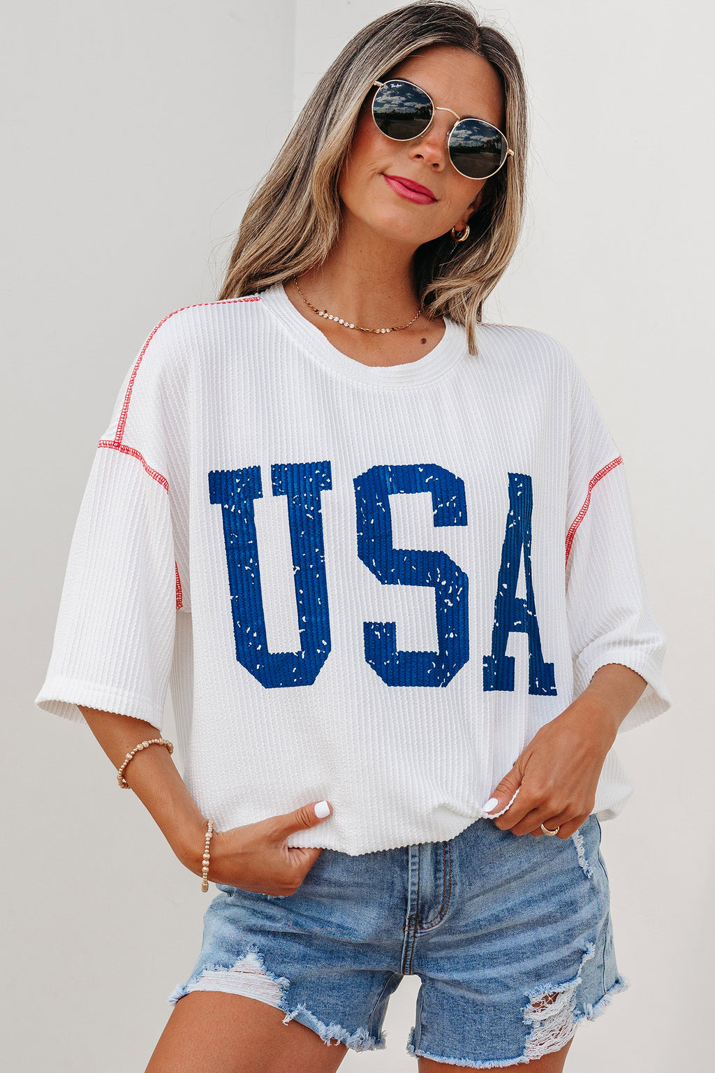 Beau Blue USA Graphic Half Sleeve Loose Ribbed Top Shewin