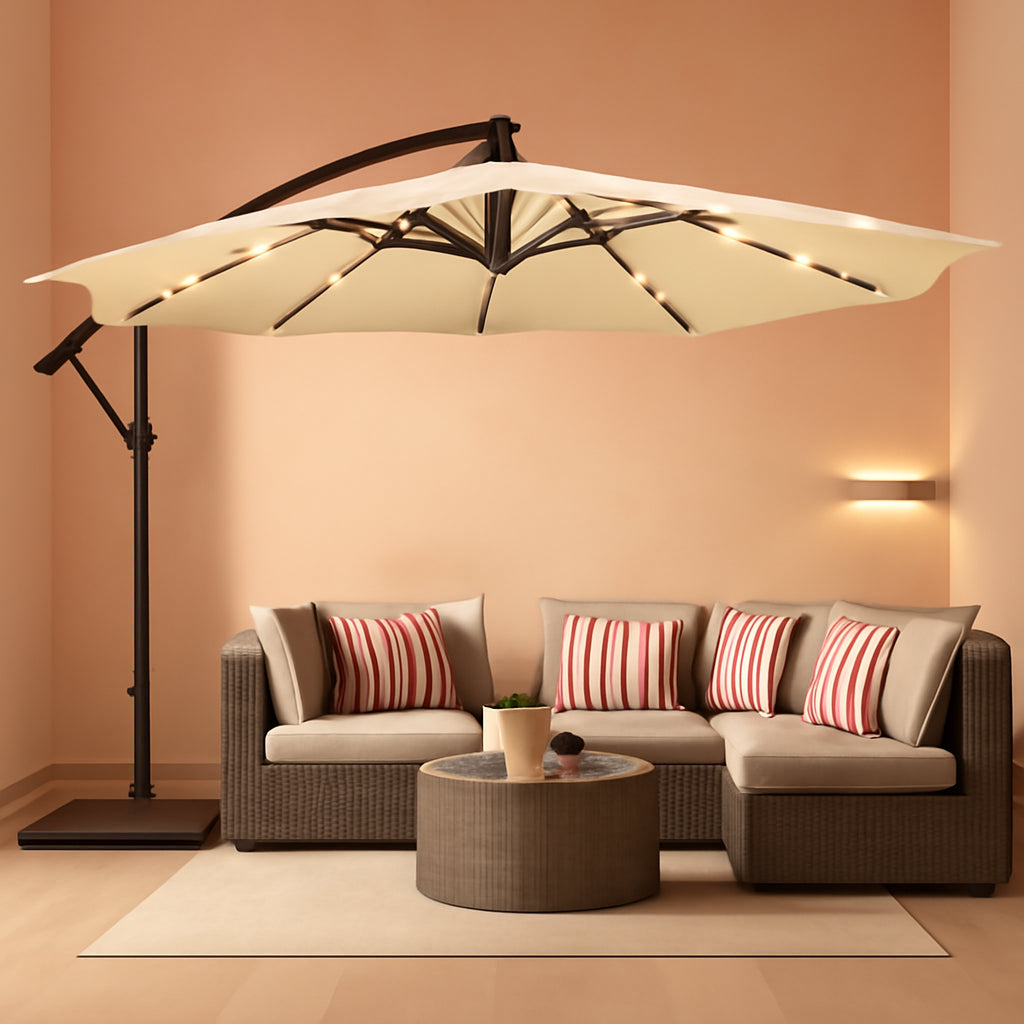 Ten Foot Solar LED Cantilevered Patio Umbrella Beige