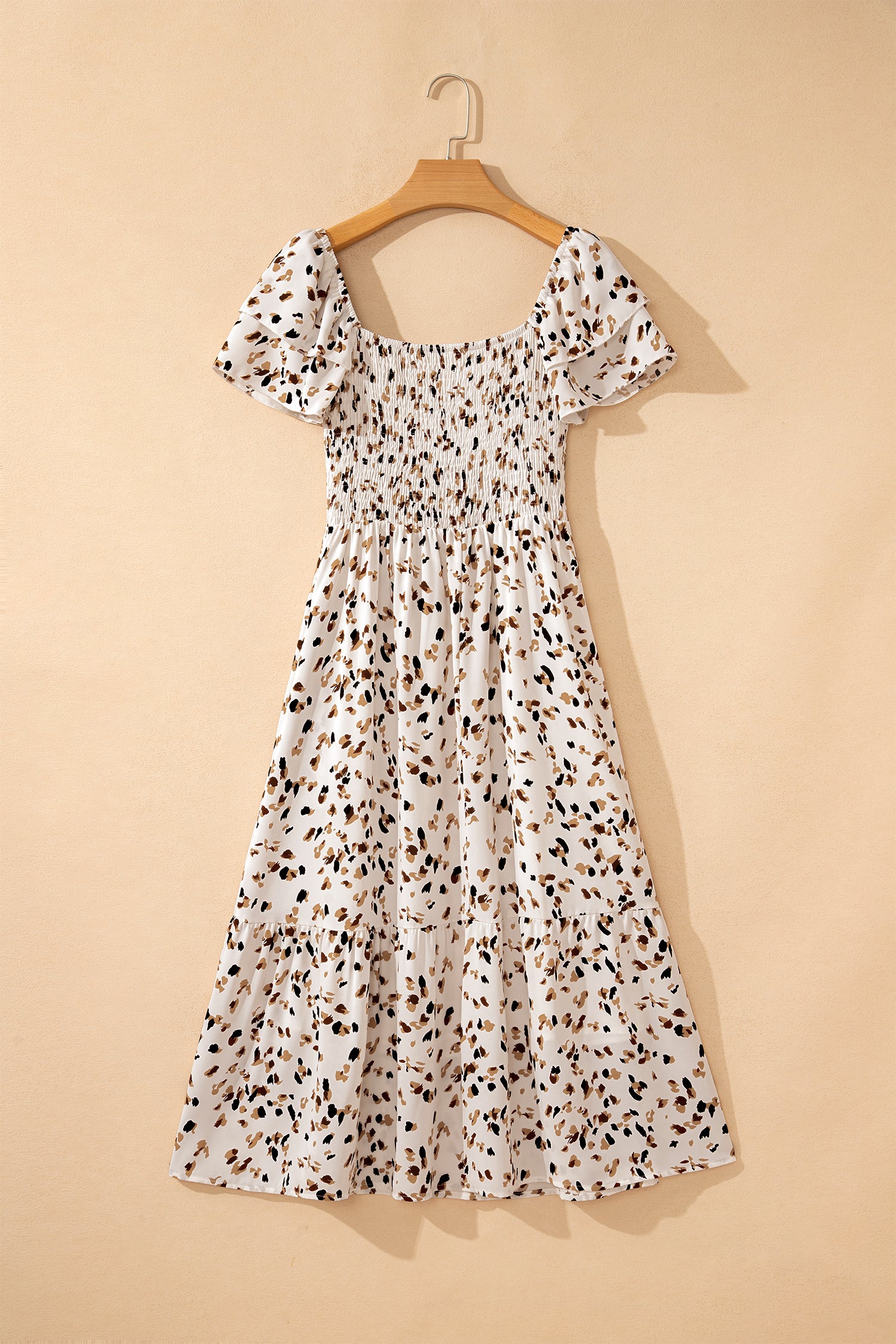 Blue Ditsy Floral Print Smocked Square Neck Ruffle Short Sleeve Dress