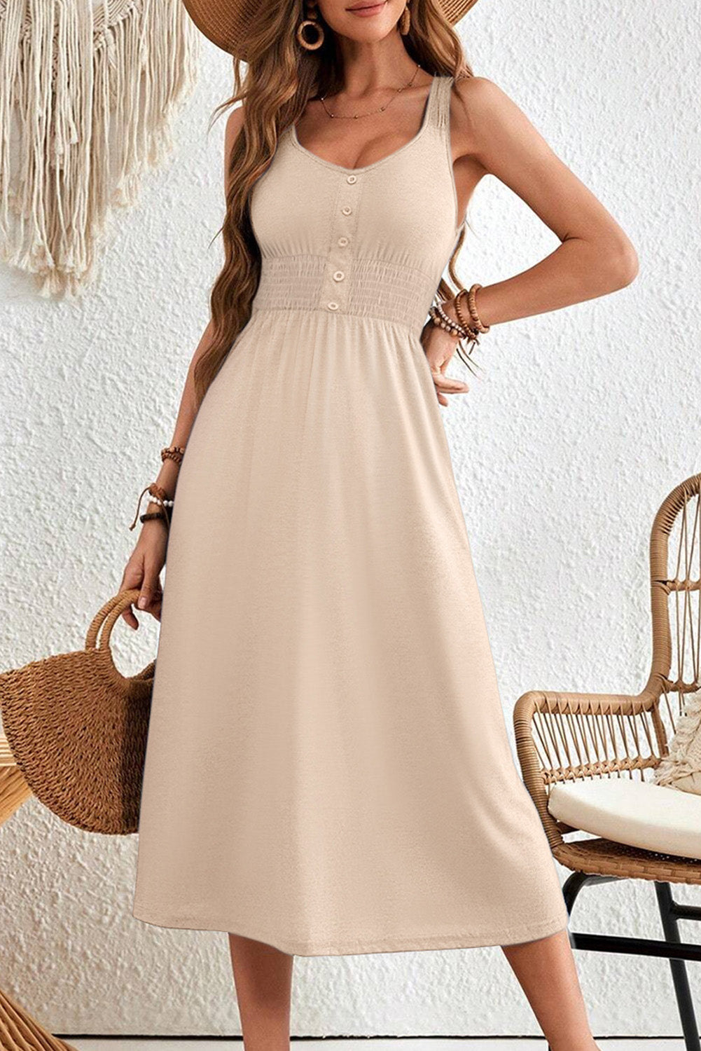 Black Button Shirred High Waist Sleeveless Midi Dress Shewin
