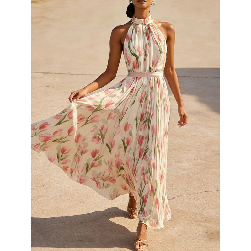 Women's Halterneck High-Waist Swing Dress – Floral & Solid Prints FitiqueFit