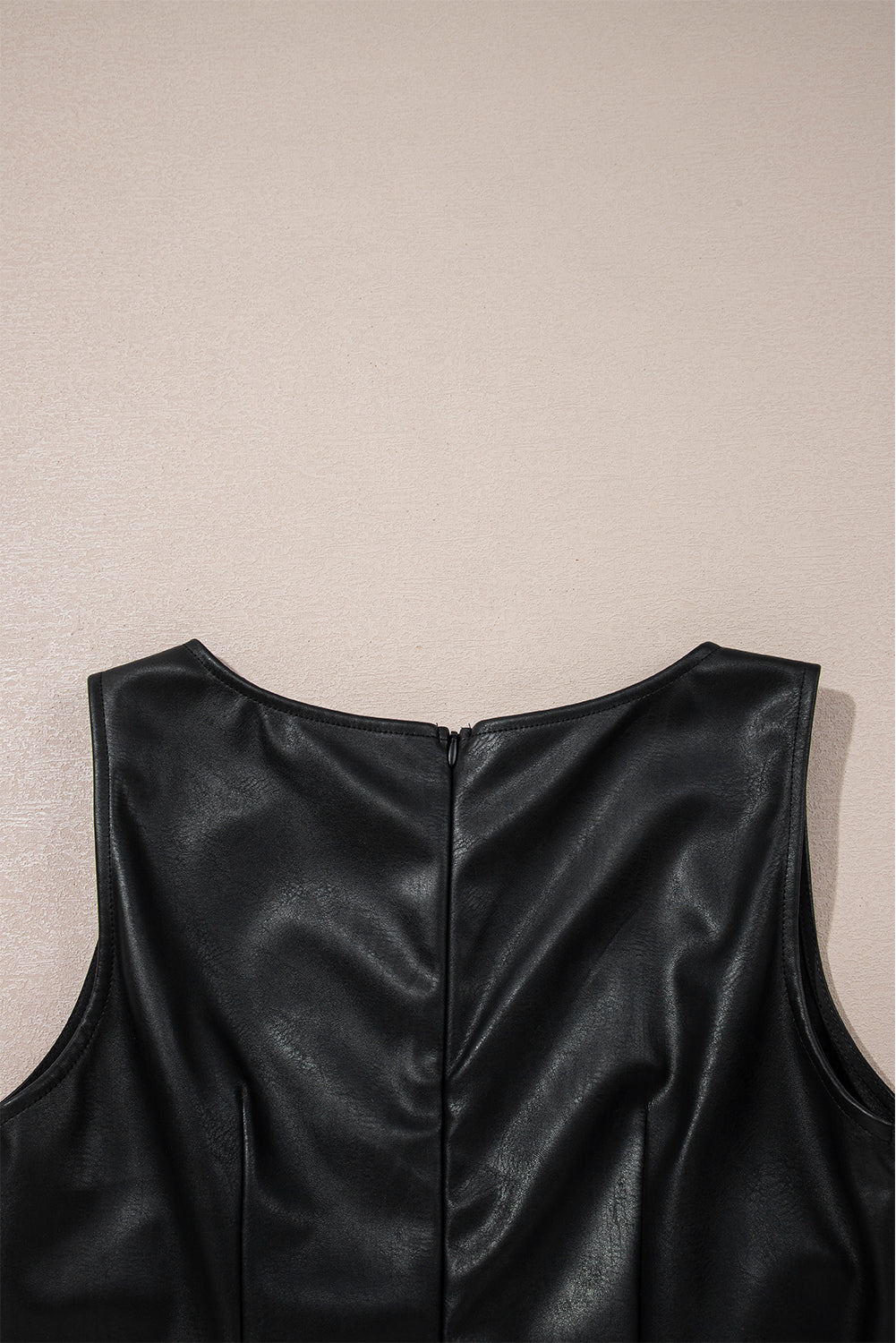 Coffee Faux Leather Sleeveless Round Neck Mini Dress