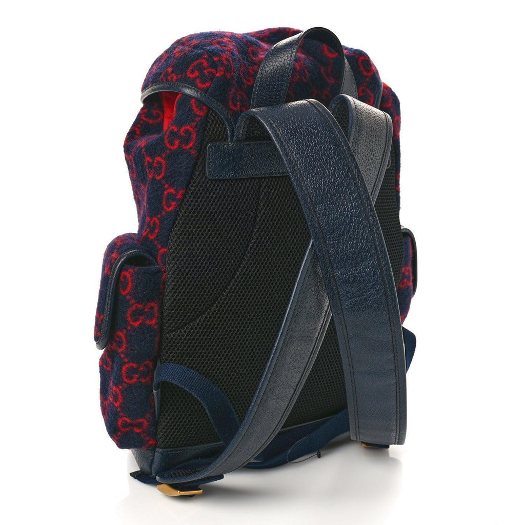 Gucci Covered Wool GG Monogram Small Double Buckle Backpack Navy Red Banlieue91