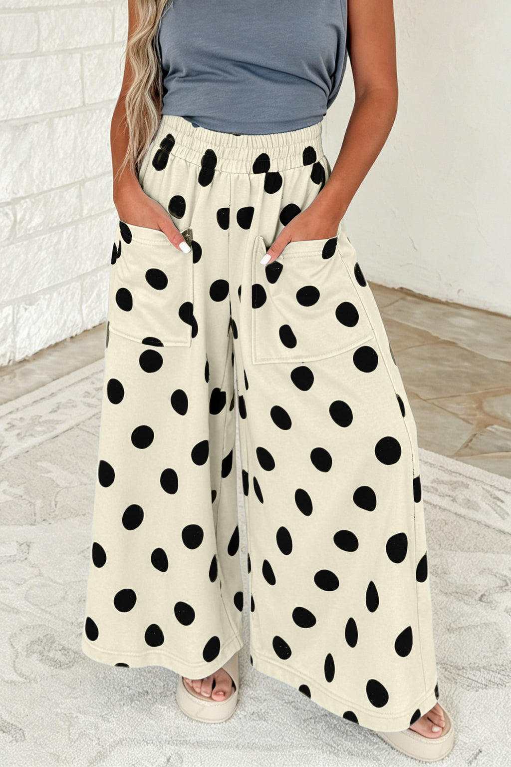 Sky Blue Polka Dot Wide Leg Elastic Waist Casual Pants