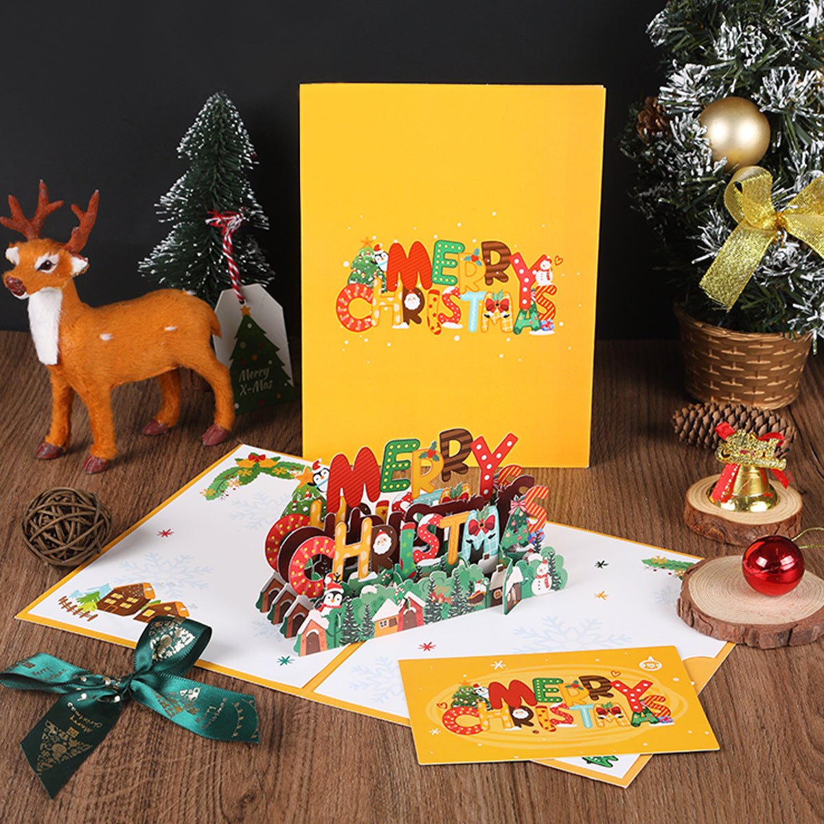 Christmas 3D greeting card, Christmas tree, little penguin cartoon, cute paper carving, handwritten message greeting card
