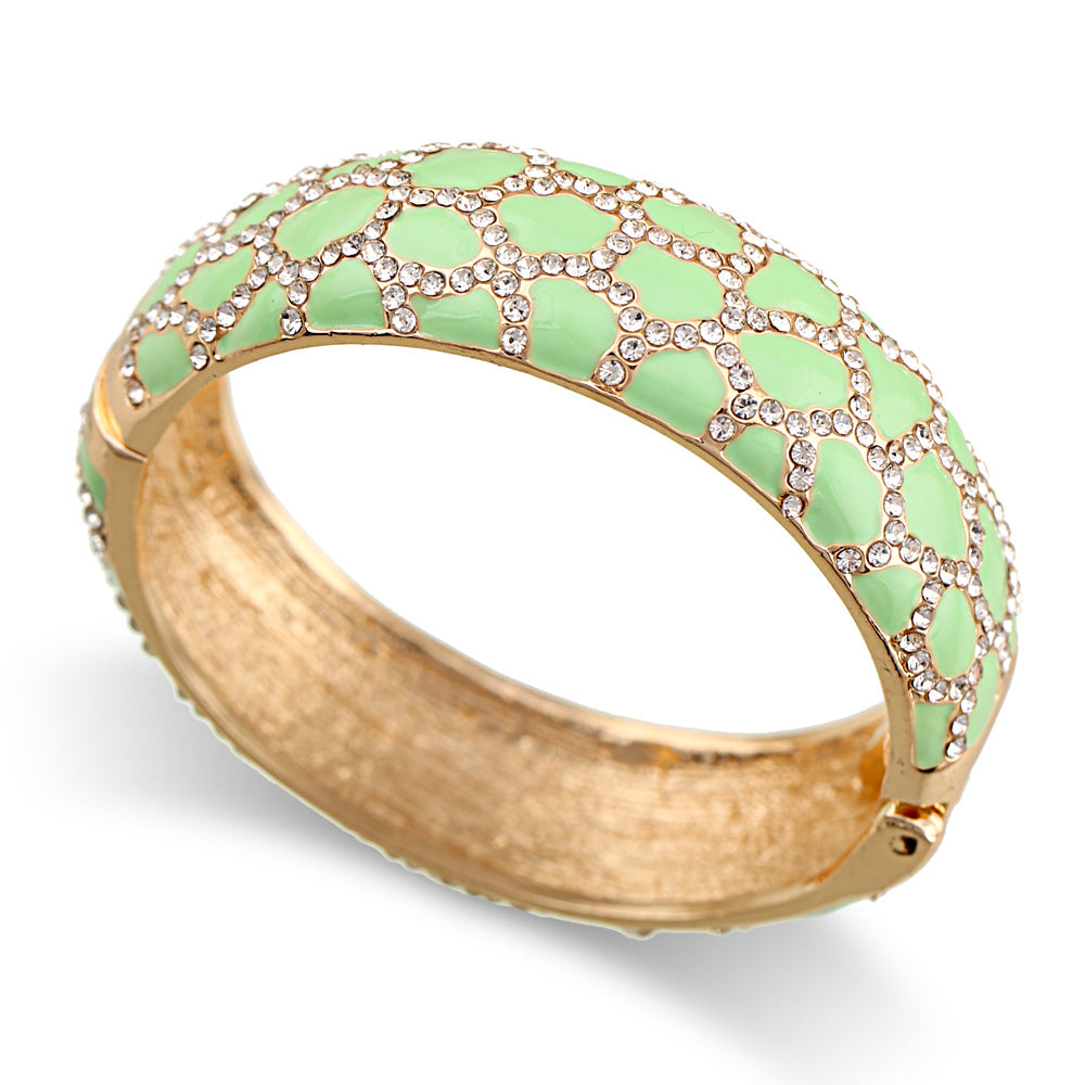 Leopard patterned enamel full diamond drop glaze fashionable alloy open bracelet in 6 colors V.I.P Digital Presence