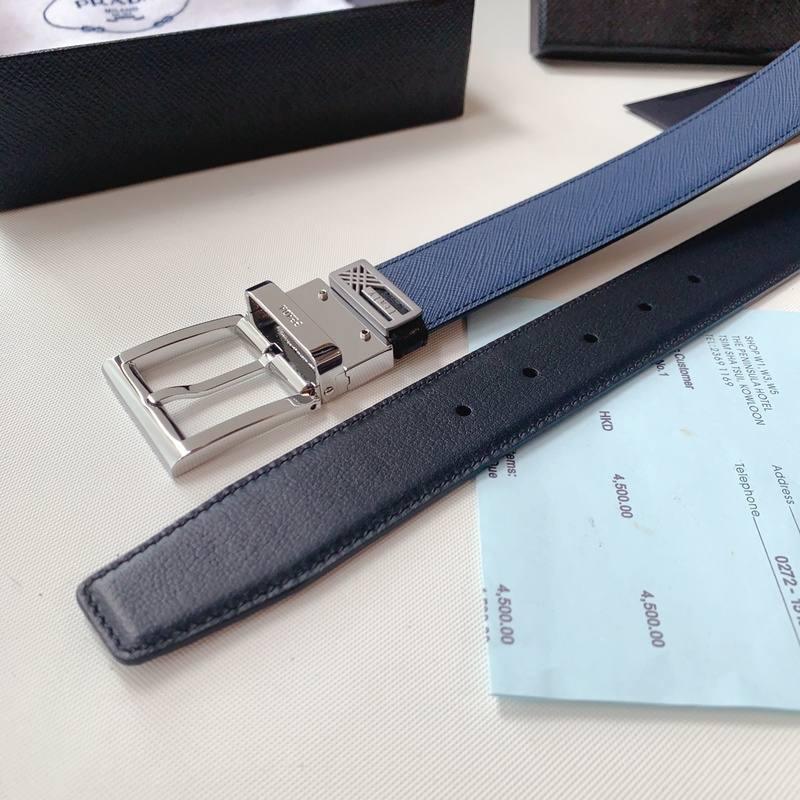 Prada Leather Reversible Belt With Triple Buckles 'Black/Blue' Banlieue91