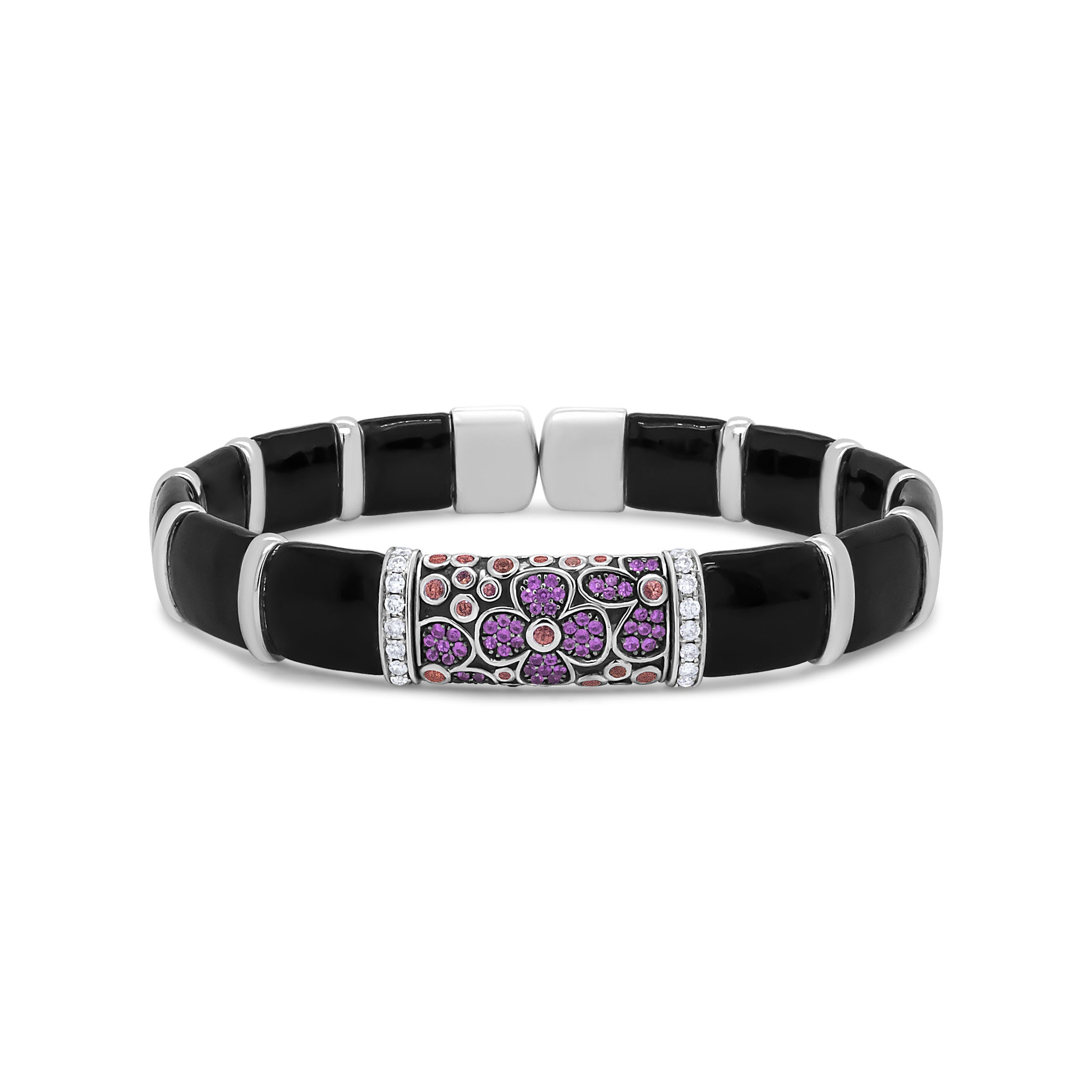 .925 Sterling Silver Black and Brown Enamel 1/3 Cttw Round Diamonds and Pink and Orange Sapphire Gemstones Floral Statement Bangle Bracelet (F-G Color, VS1-VS2 Clarity) - Size 7.75" Bids.com