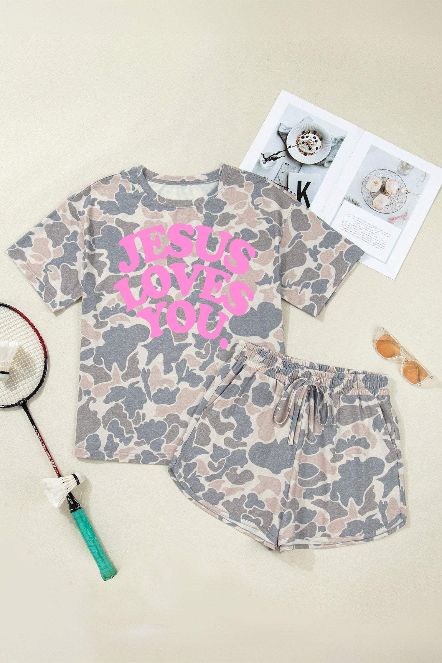 Multicolour JESUS LOVES YOU Camouflage Print Shot Two Piece Set