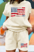 Apricot Stylish Textured Patchwork Flag Printed Short 2pcs Set