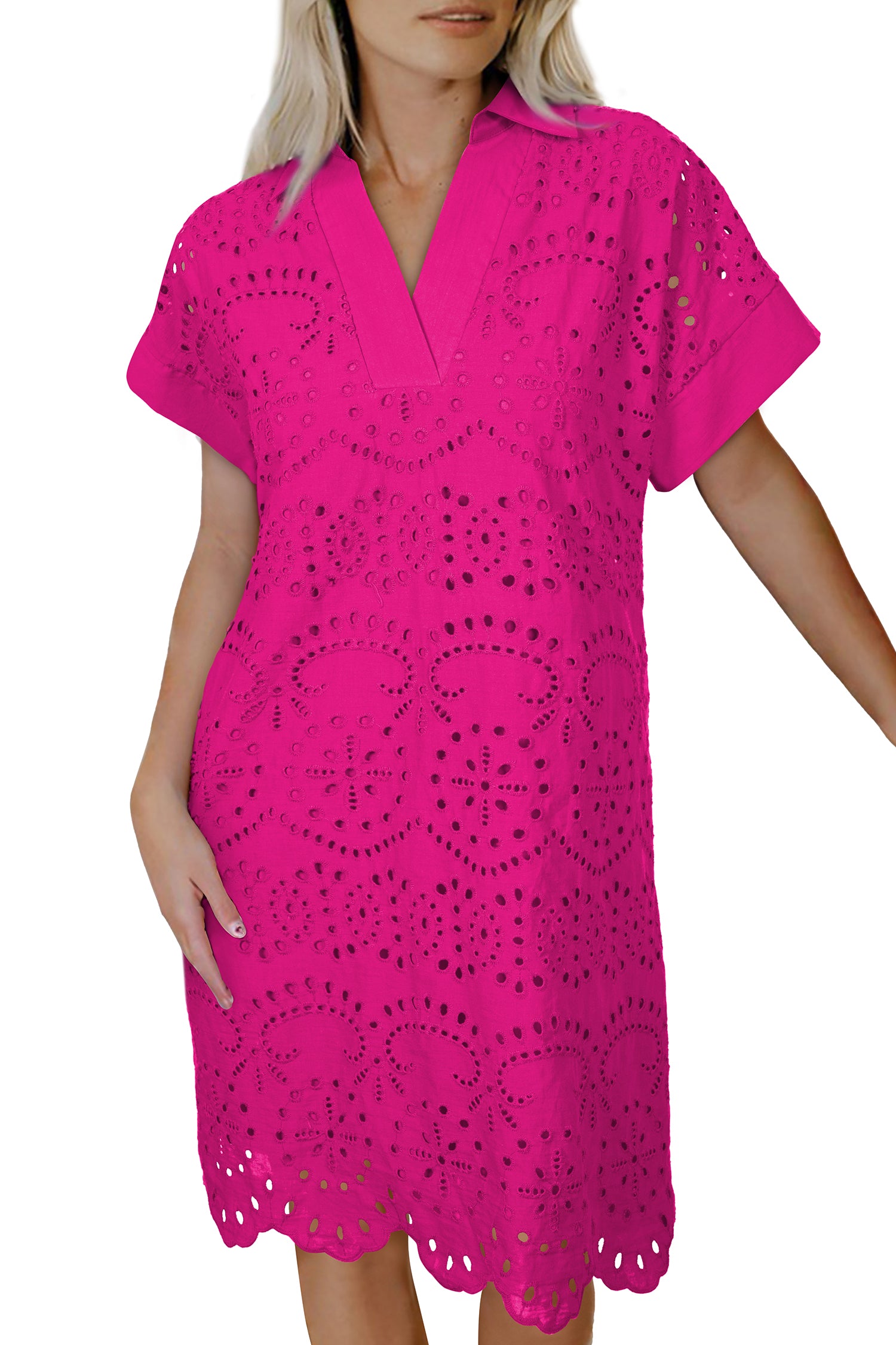 Green Solid Color Eyelet Embroidered T Shirt Mini Dress