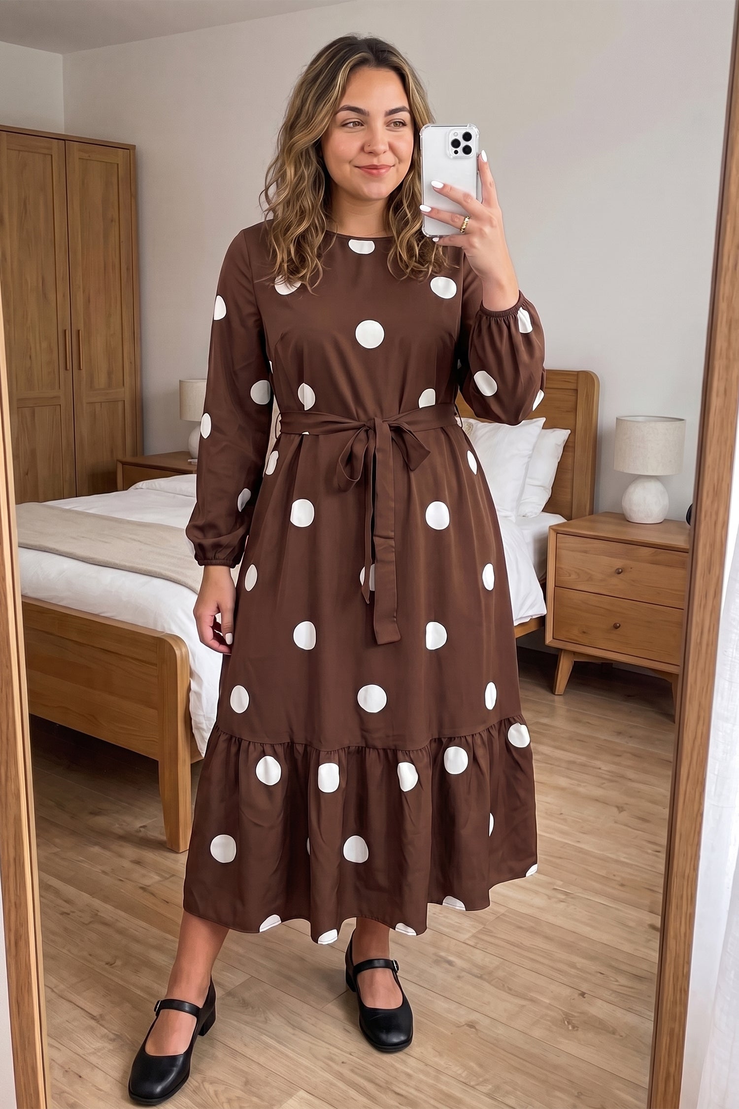 Brown Polka Dot Ruffled Hem Long Sleeve Tie Waist Plus Size Dress
