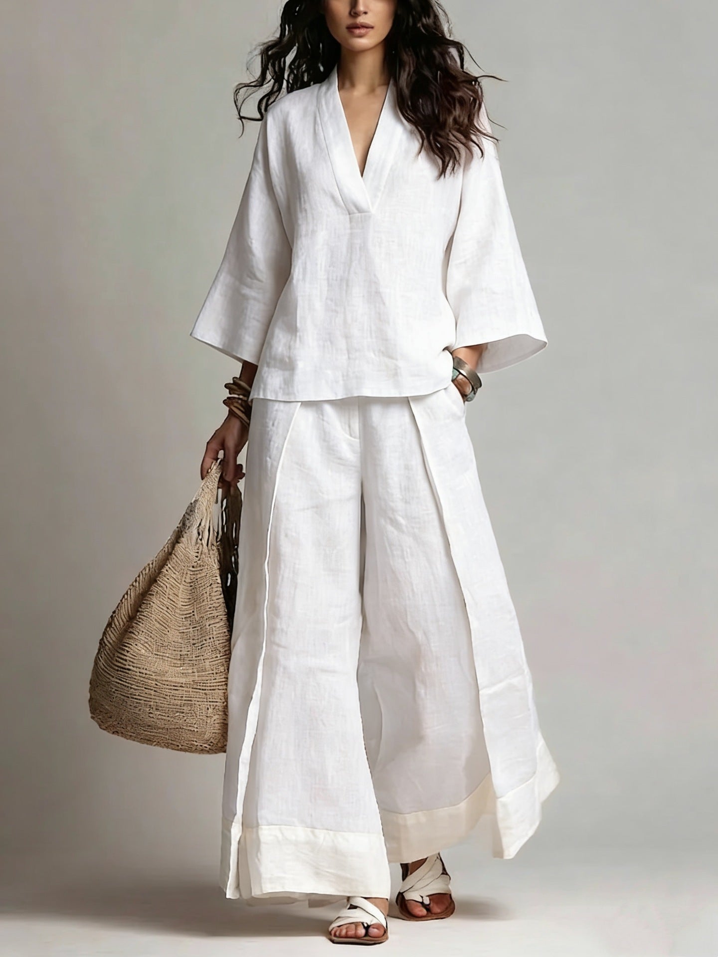 Women's Cotton-Linen V-Neck 3/4 Sleeve Shirt & Wide-Leg Pants Set FitiqueFit