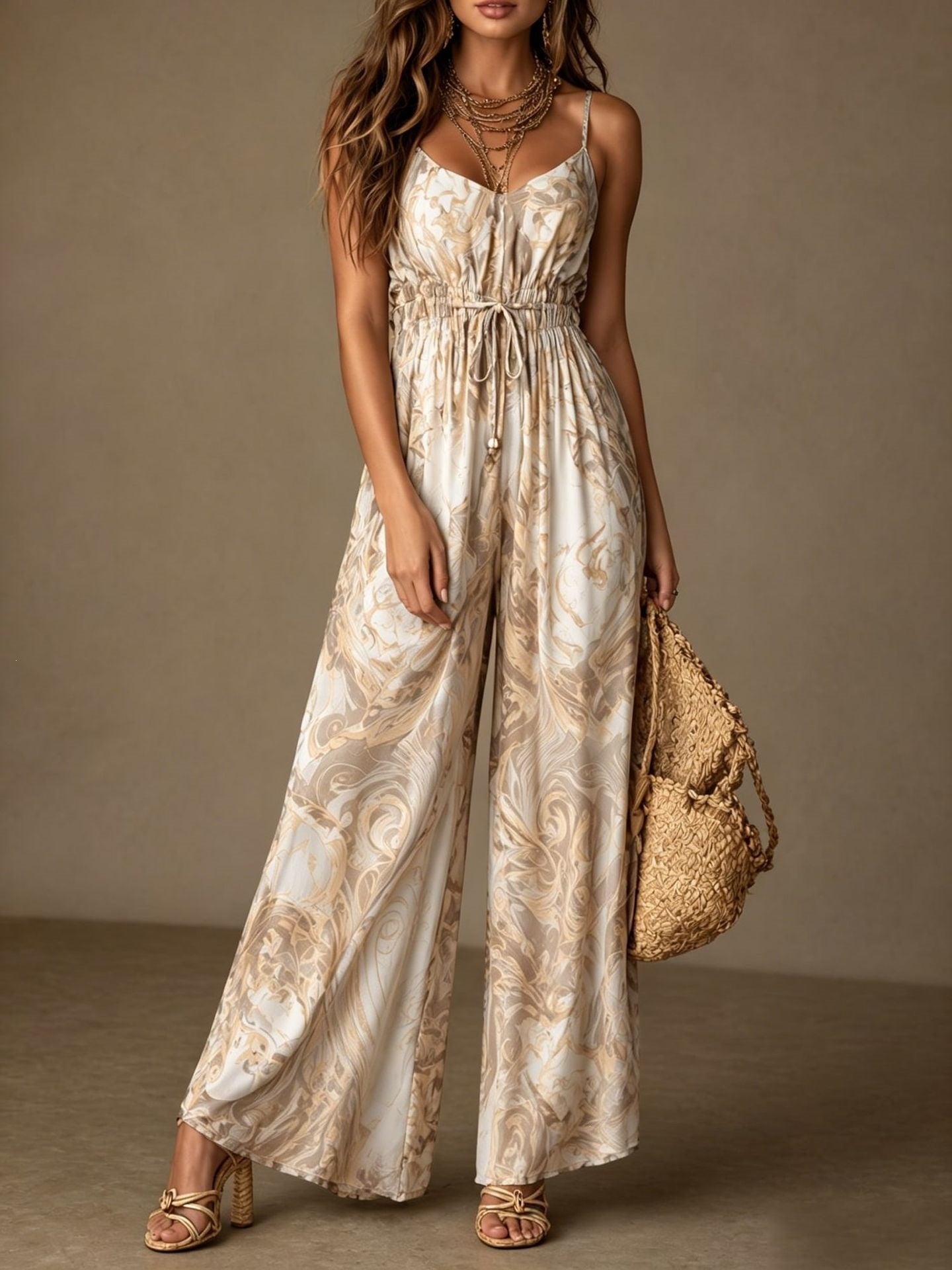 Women's Printed Backless Camisole Wide Leg Jumpsuit FitiqueFit
