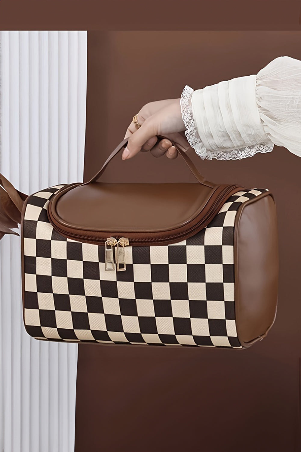 Checkered Zipper Large Cosmetic Bag with Handle