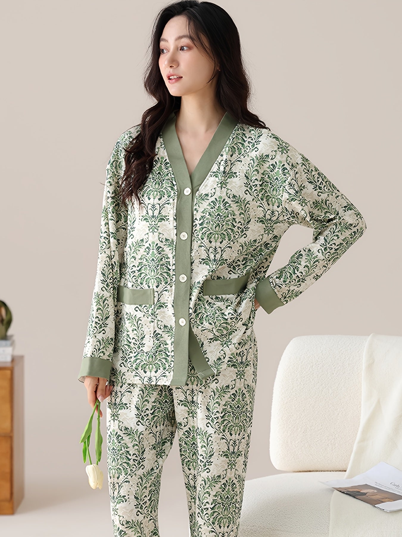 Elegant Womens Floral VNeck Cotton Pajama Set