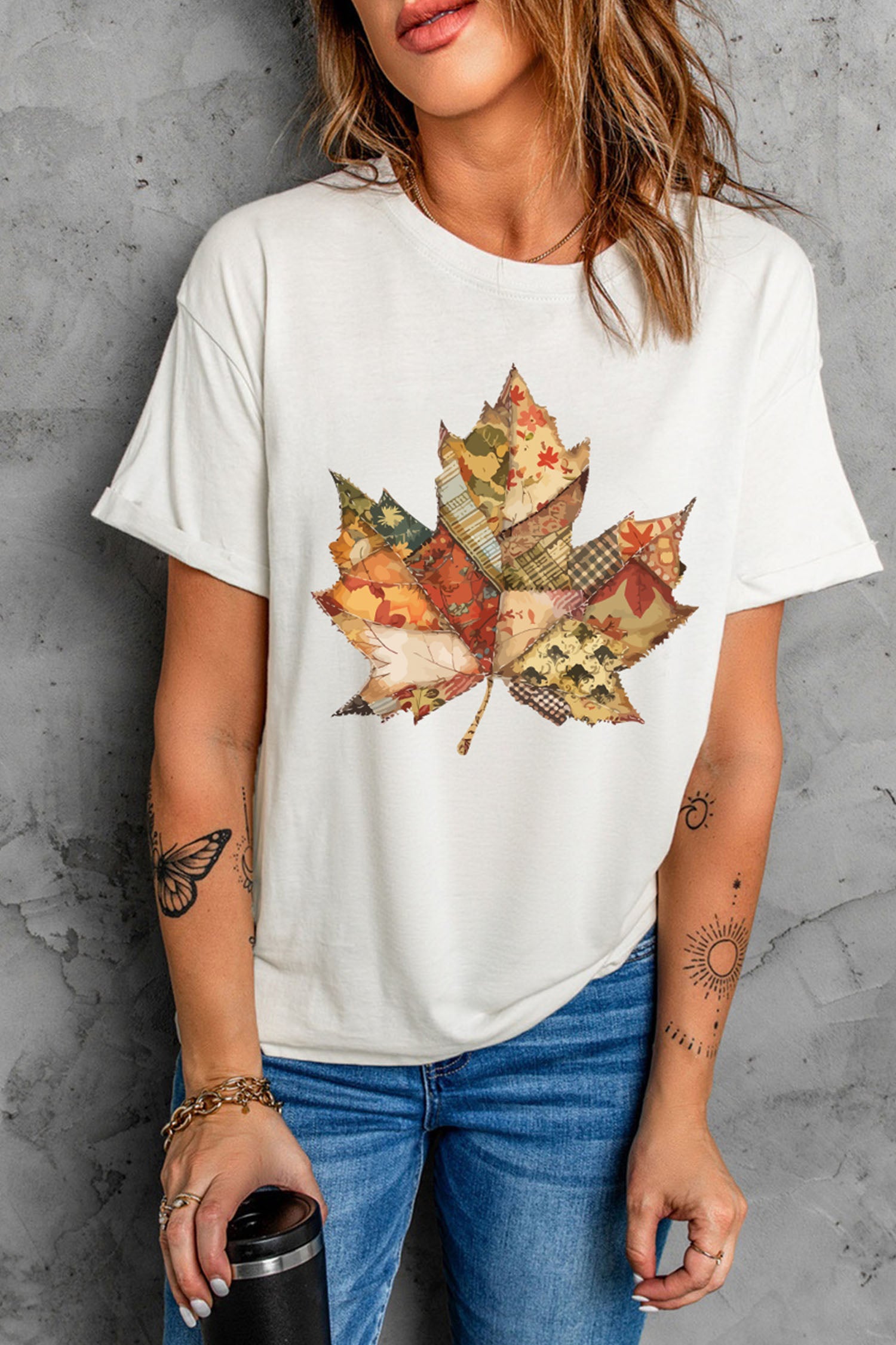 White Patchwork Maple Leaf Print Round Neck Casual T-Shirt