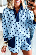 Sky Blue Polka Dot Drop Shoulder Polo Loose Pullover Patch Pocket Casual Shorts Set