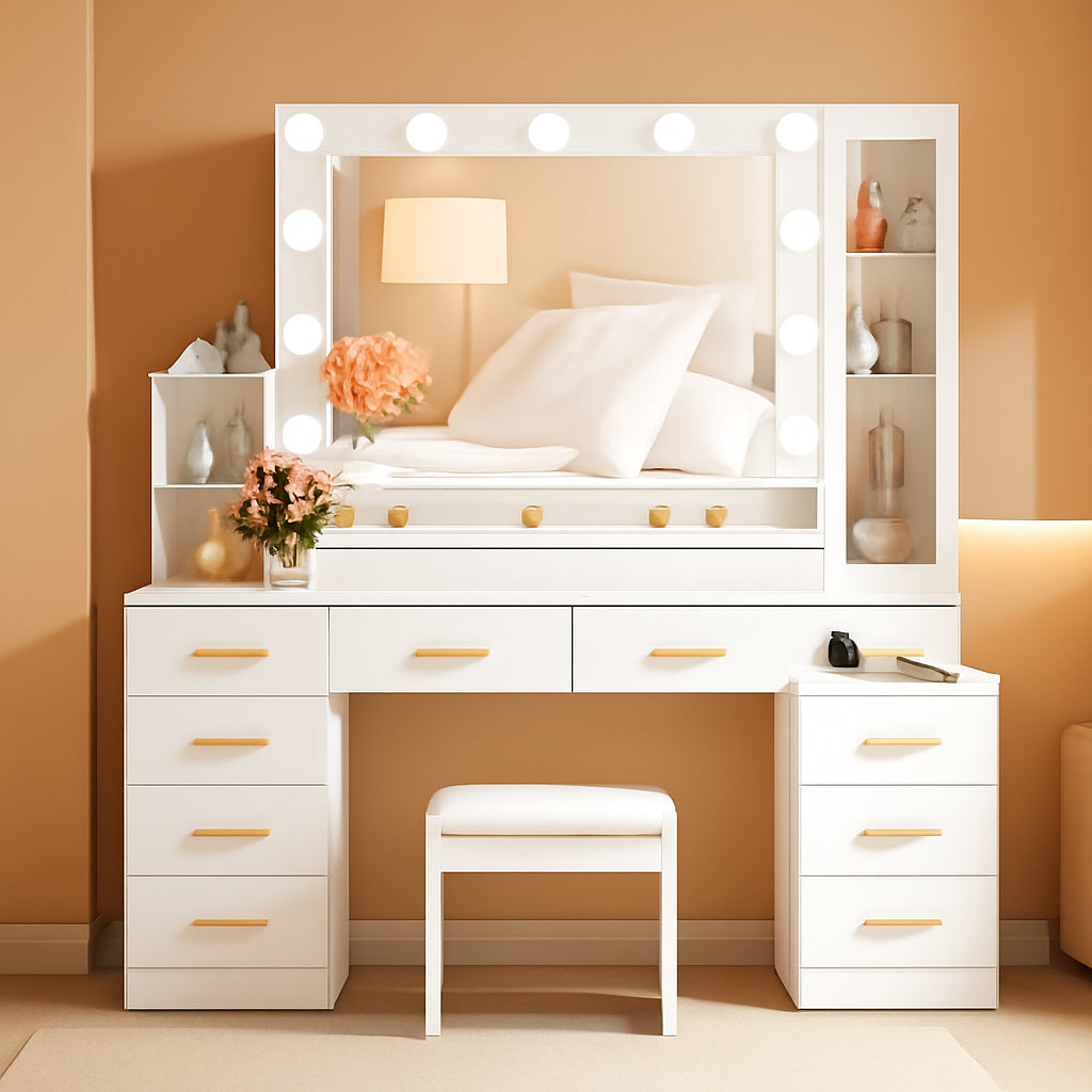 White Makeup Vanity Desk With Mirror Storage Drawers