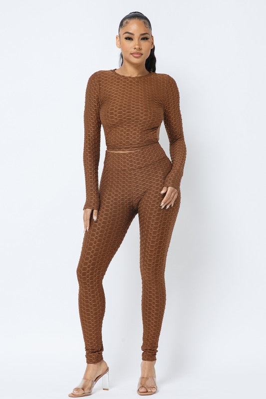Honeycomb Open Back Leggings Set – Textured 2 Piece Outfit Rose In Concrete 🥀