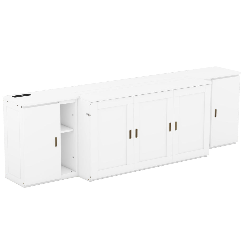 Queen Size Murphy Bed with Shelves, Cabinets and USB Ports,White