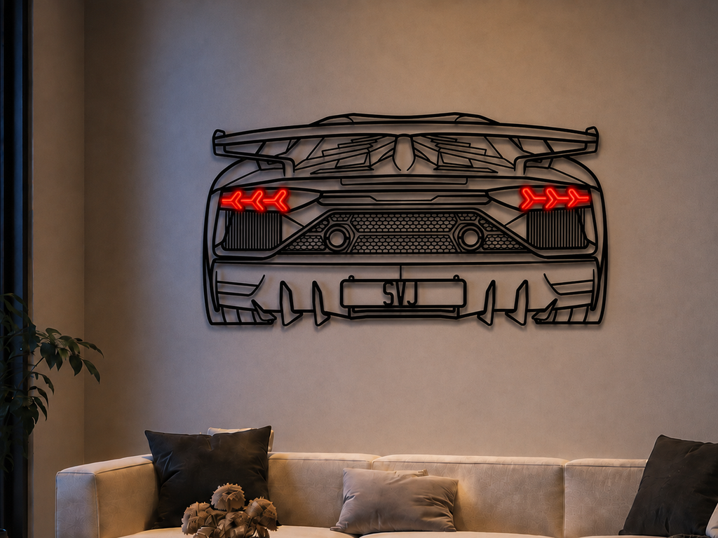 Aventador SVJ Back View Metal Neon Car Wall Art - MTN0262 Modello Turbo