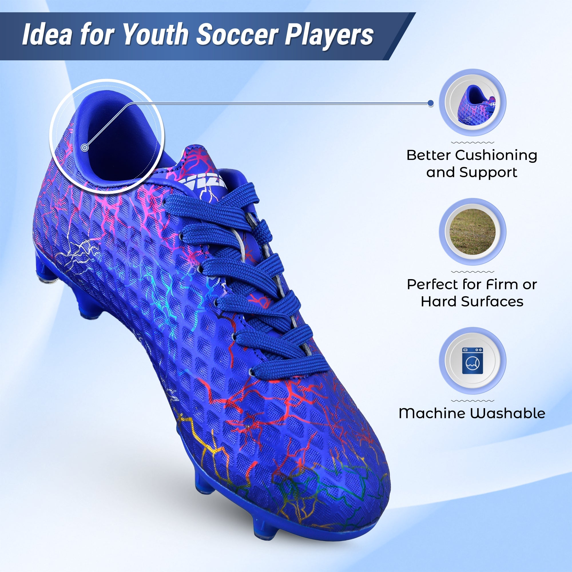 Vizari Zodiac JR Kids Firm Ground (FG) Soccer Cleats – Blue, Youth Sizes 8C–6Y Under $30