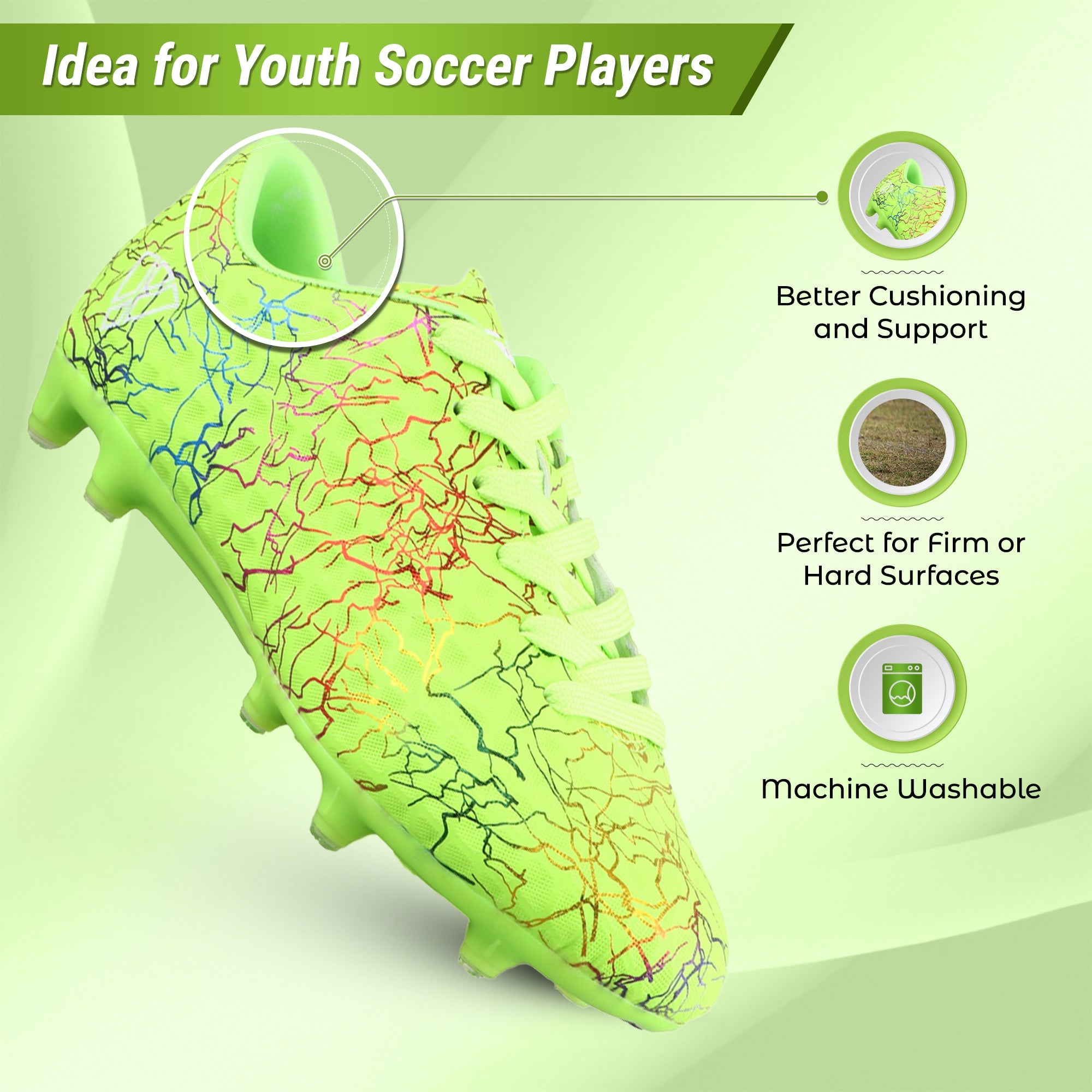 Vizari Zodiac JR Kids Firm Ground (FG) Soccer Cleats – Green, Youth Sizes 8C–6Y Under $30