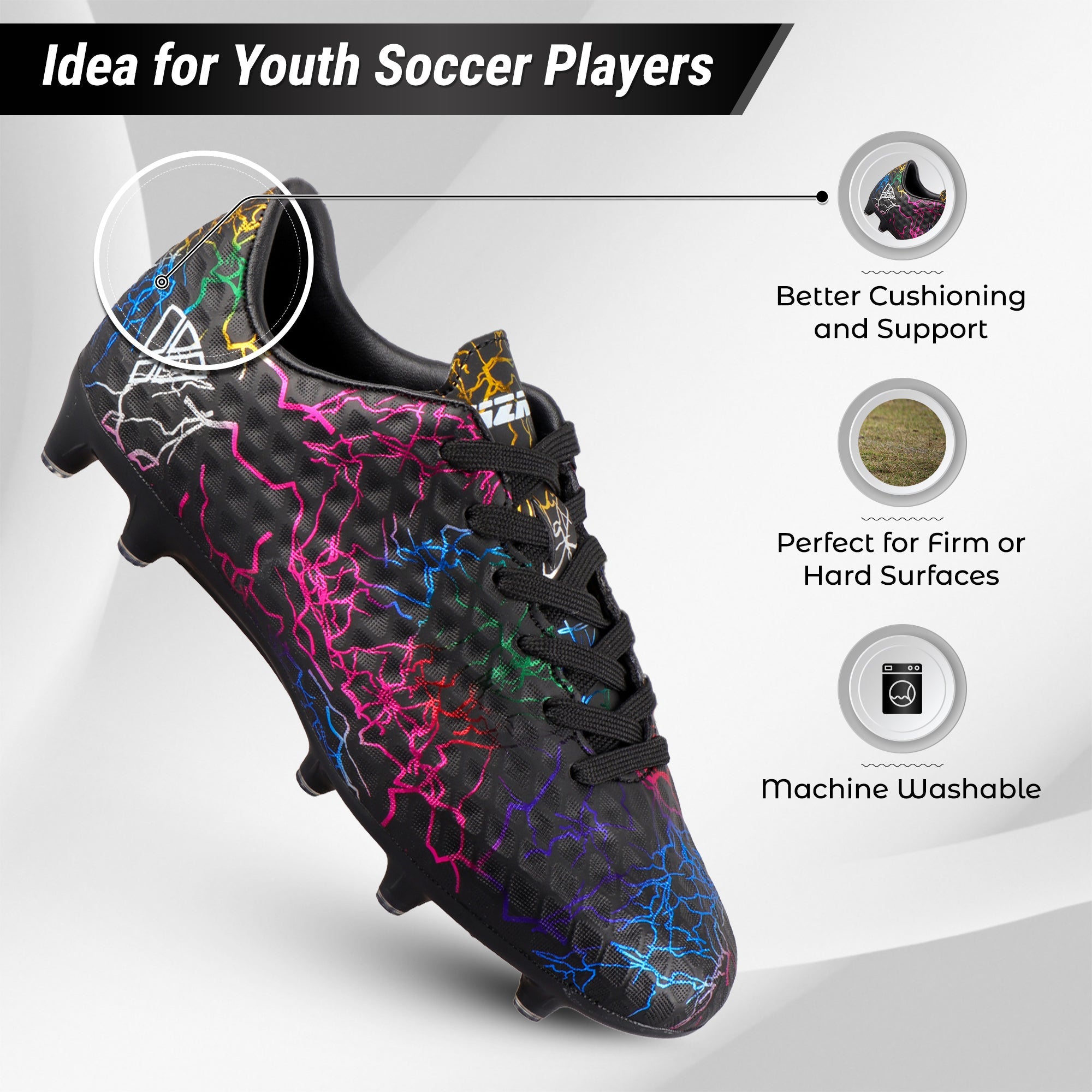 Vizari Zodiac JR Kids Firm Ground (FG) Soccer Cleats – Black, Youth Sizes 8C–6Y Under $30