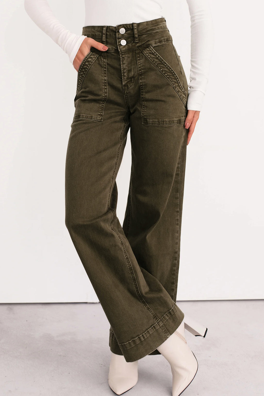 Jungle Green Double Waistband Loose Straight Jeans Shewin