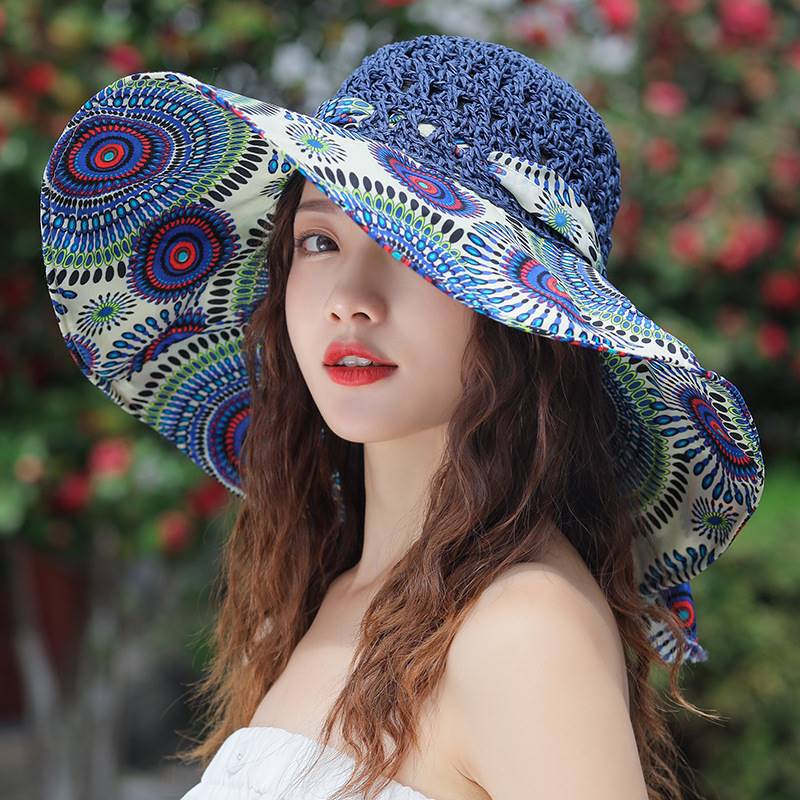 Women's Patterned Straw Beach Sun Hat – Round Crown UV Protection Summer Hat FitiqueFit