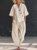 V-Neck Short Sleeve Top & High-Waist Trousers Two-Piece Set FitiqueFit