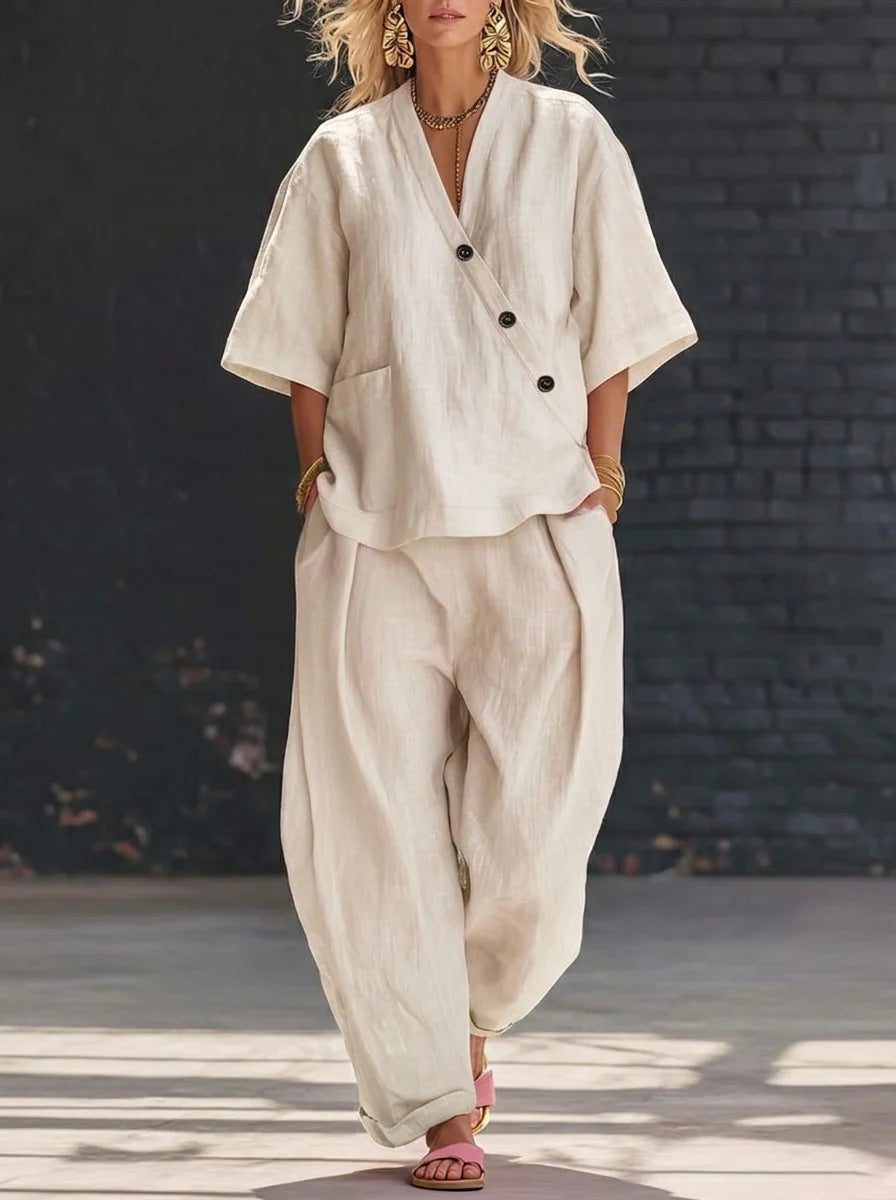 V-Neck Short Sleeve Top & High-Waist Trousers Two-Piece Set FitiqueFit