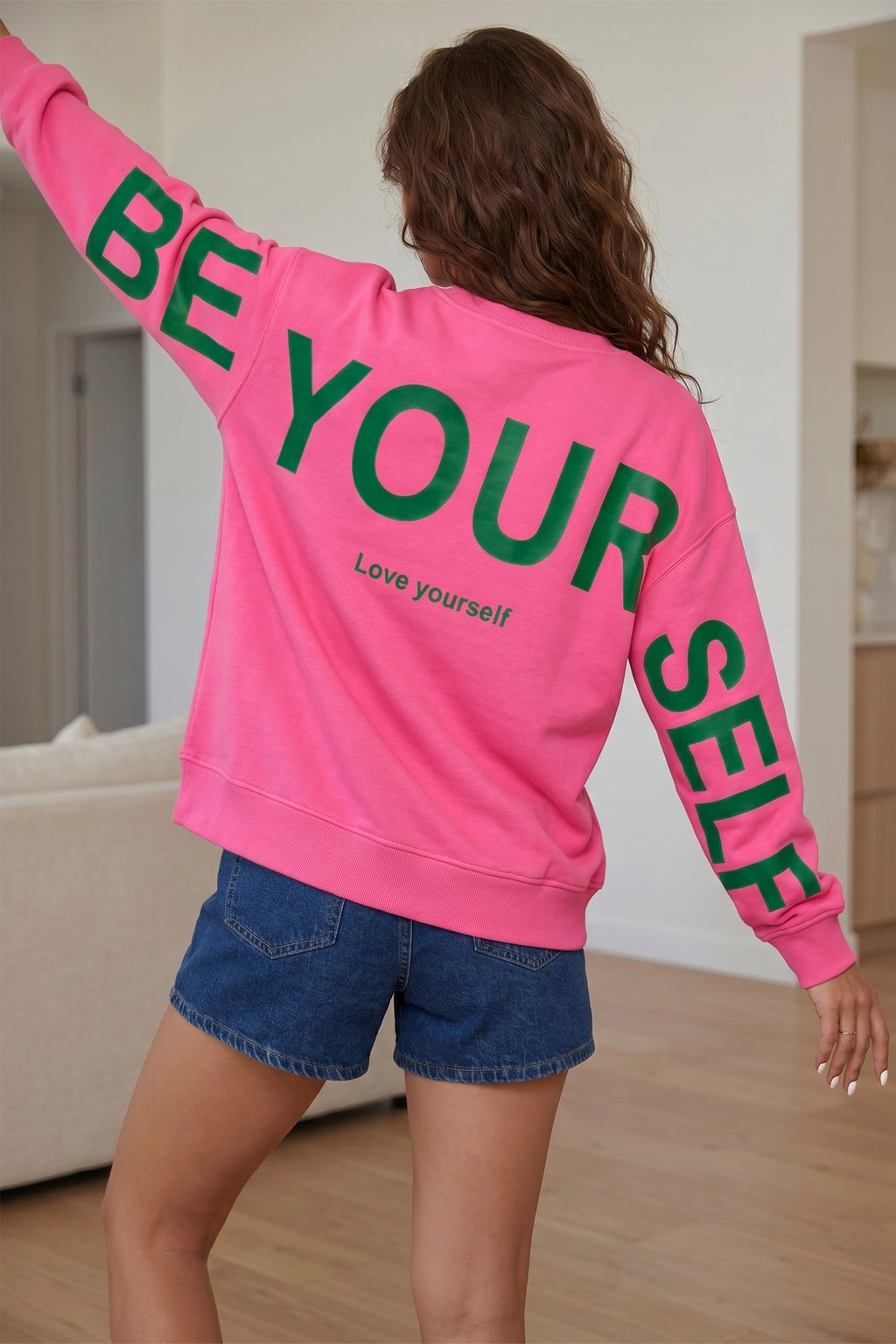 Sachet Pink Slogan Print Round Neck Long Sleeve Sweatshirt