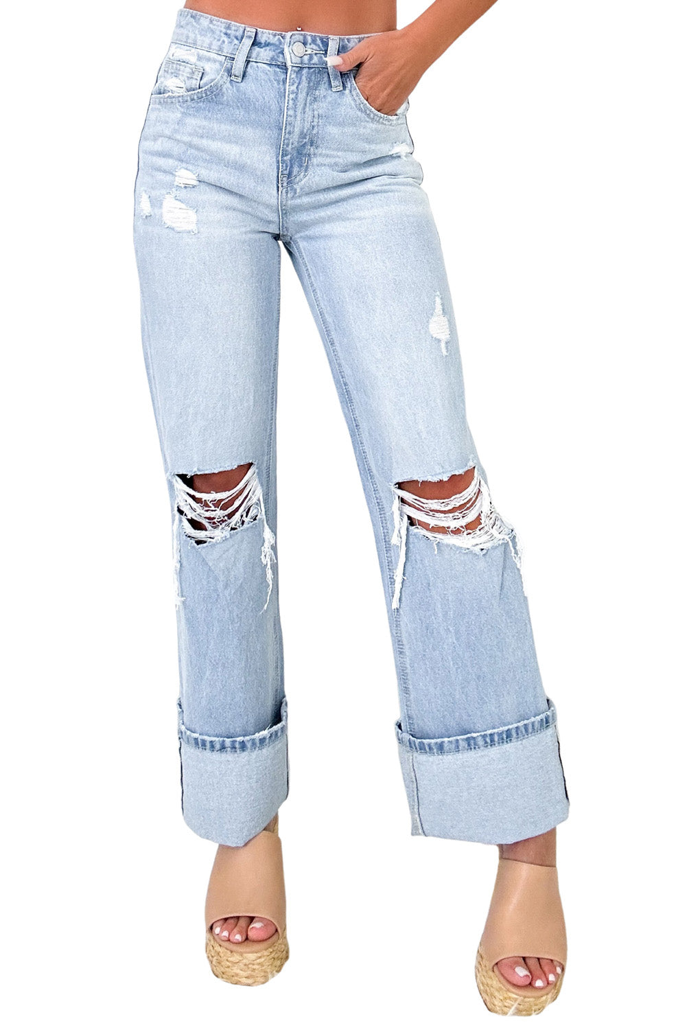 Beau Blue Light Wash Distressed Flare Jeans Shewin
