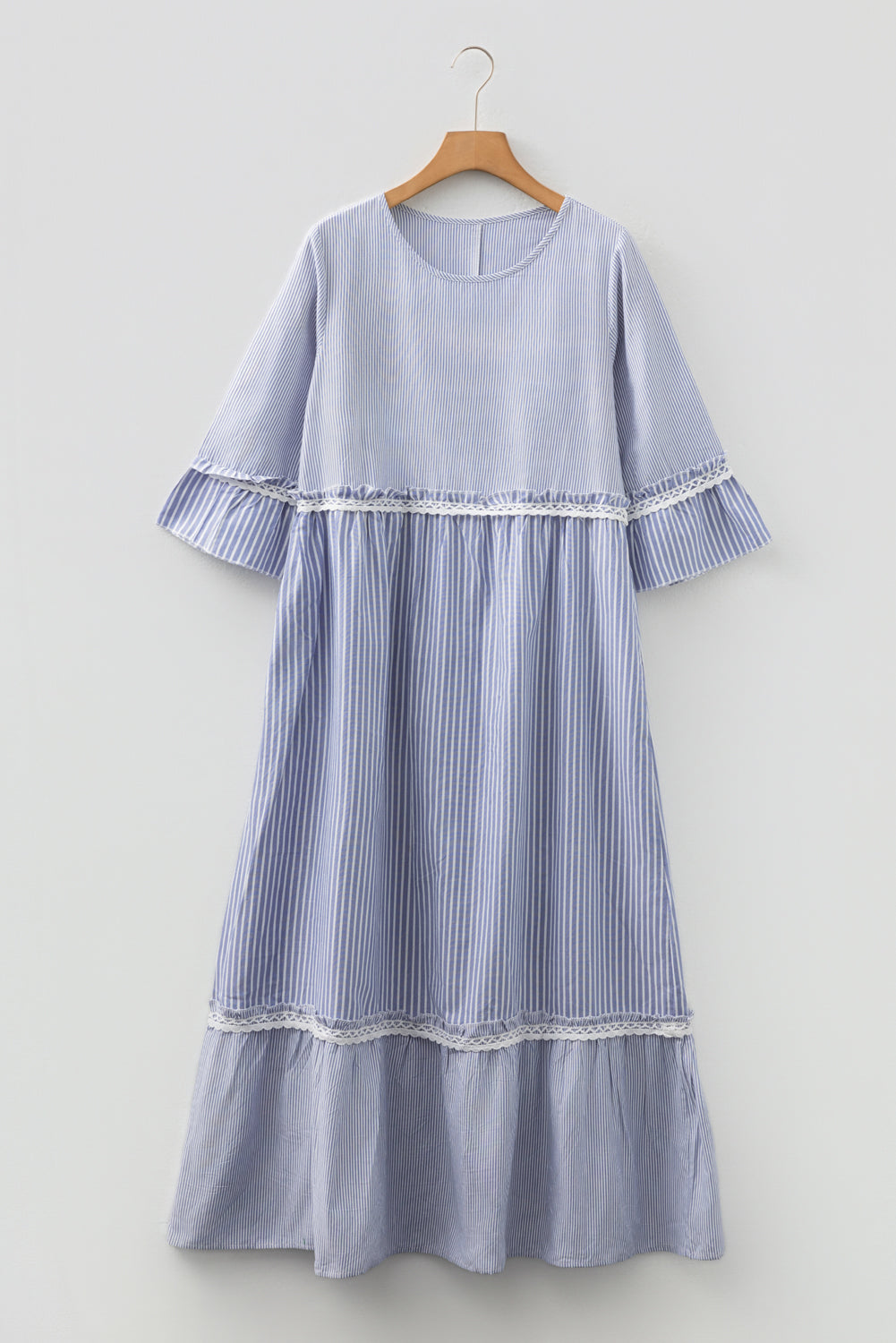 Sky Blue Stripe Patchwork Lace Detail Bracelet Sleeve Maxi Dress