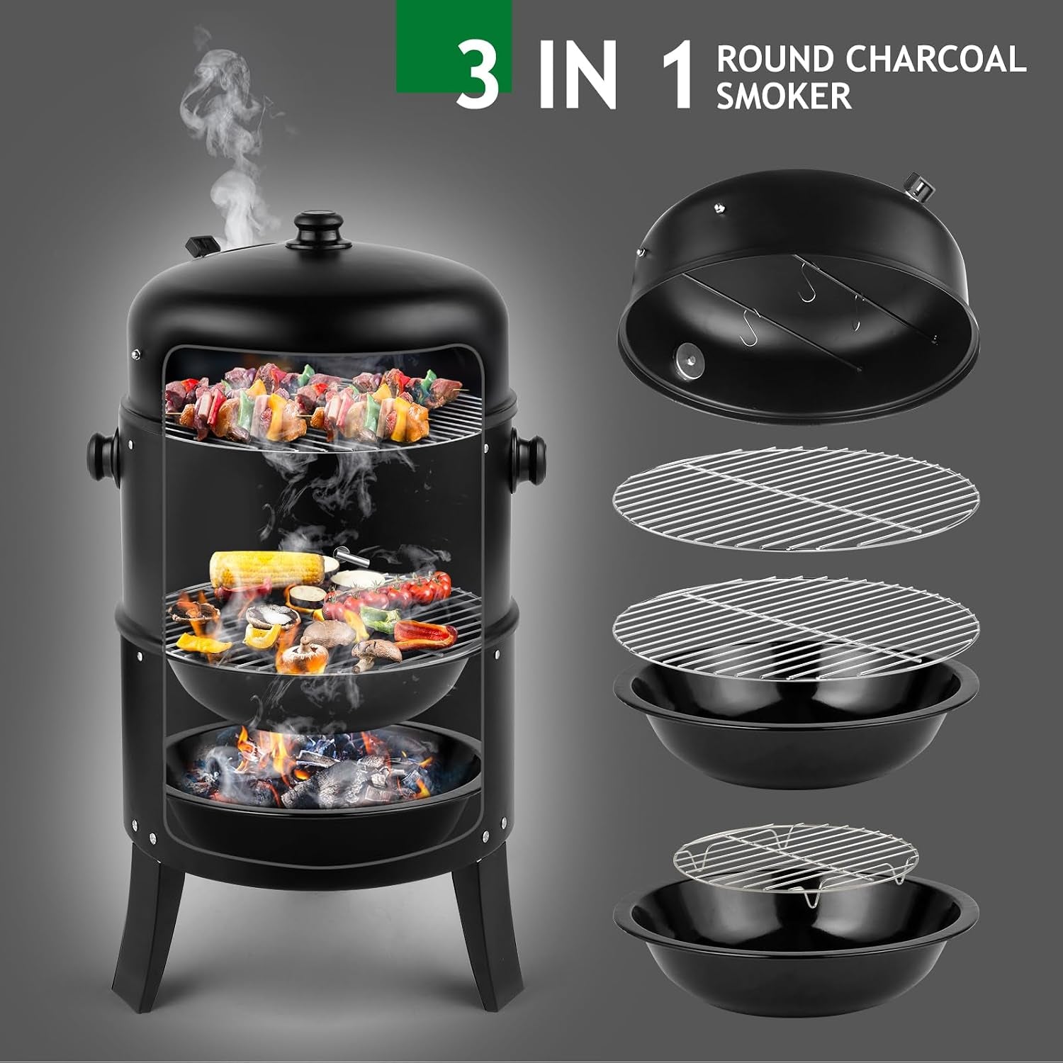 Vertical 17In Charcoal BBQ Smoker With Thermometer
