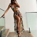 Bloom Breeze 3-Piece Bikini Set – Elegant High Cut Floral Fluttering Swimsuit with Lettuce Trim Tie Back Bandeau and Coordinating Cover Up Skirt – Women's Romantic Swimwear for Beach & Resort Vacations
