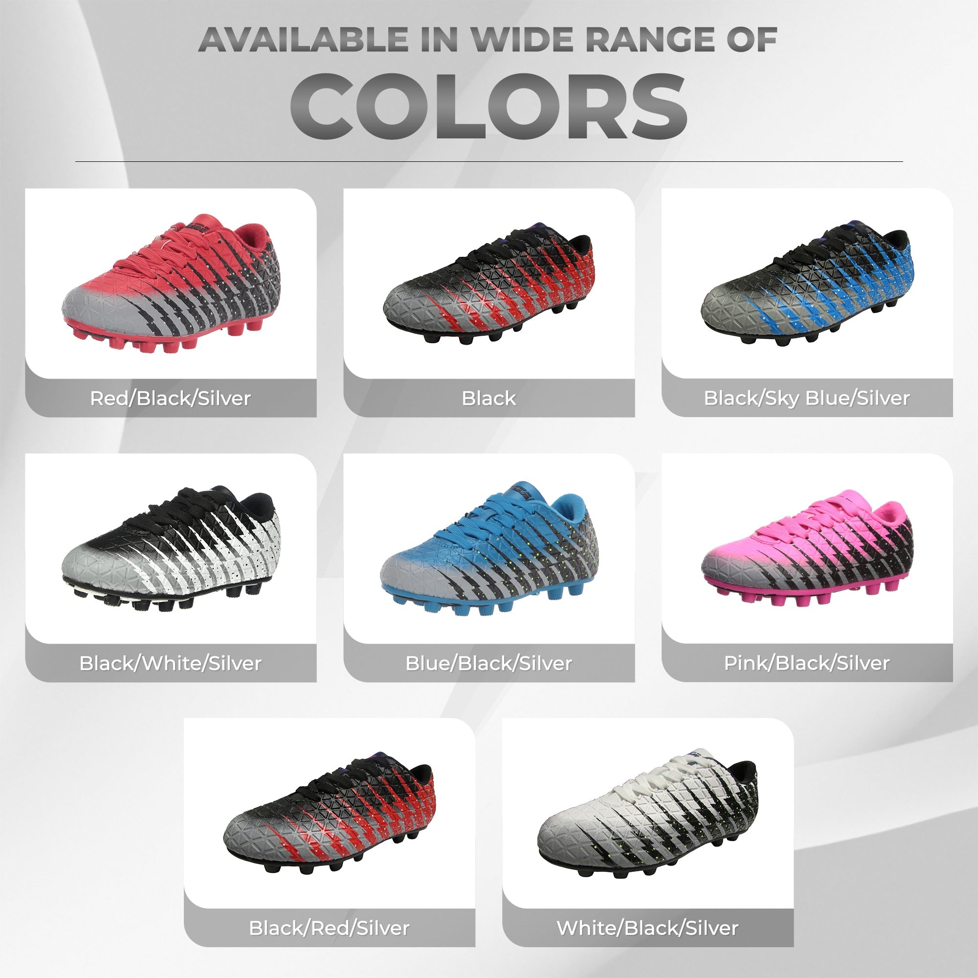 Kids Firm Ground Soccer Cleats – Black/White/Silver