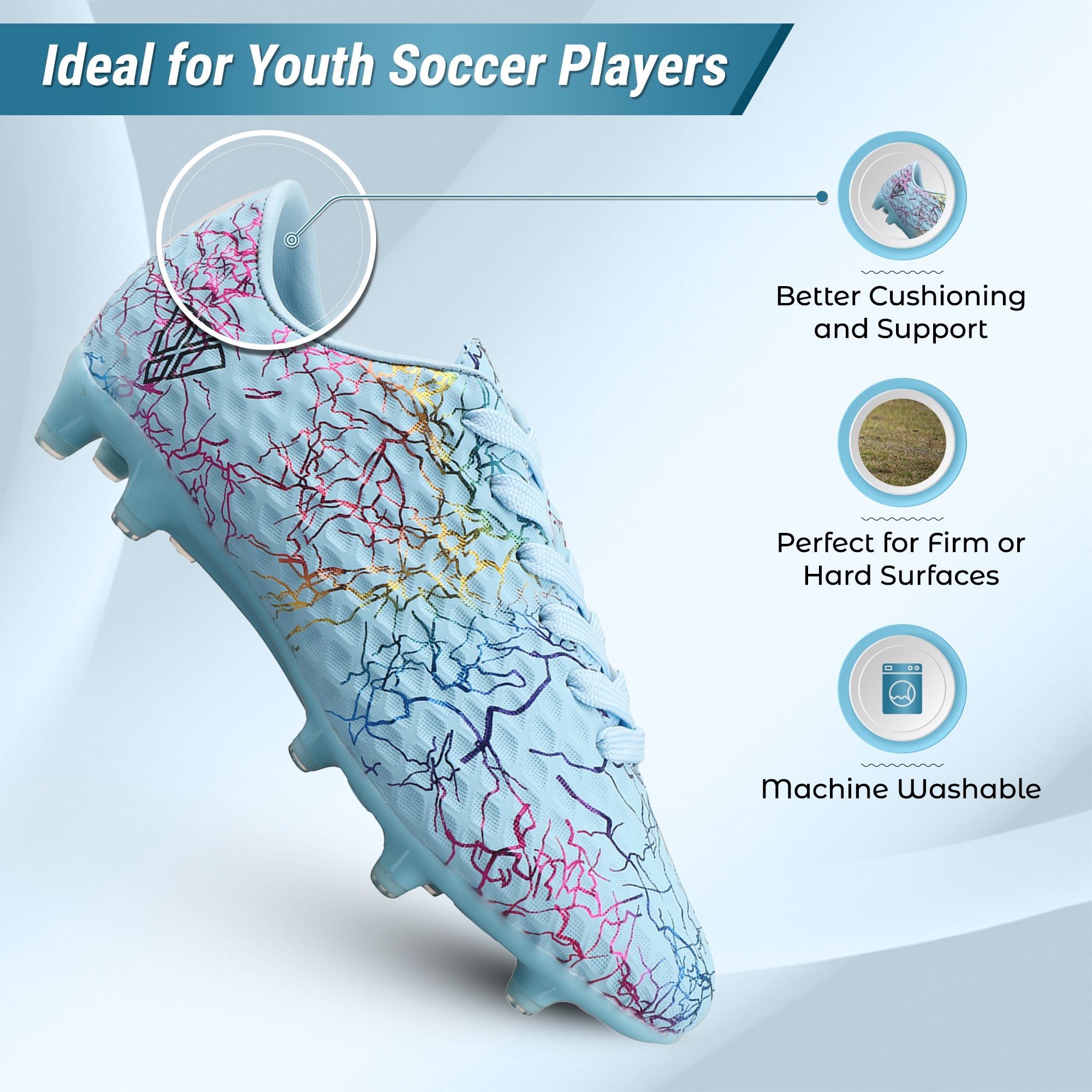 Vizari Zodiac JR Kids Firm Ground (FG) Soccer Cleats – Sky Blue, Youth Sizes 8C–6Y Under $30