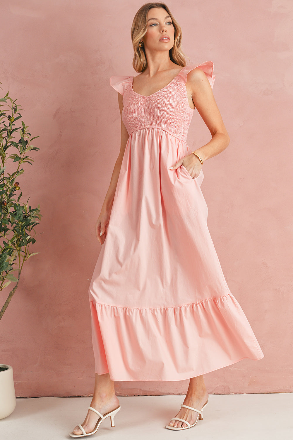 Black V Neck Flutter Sleeve Smocked Bodice High Waist Ruffle Maxi Dress