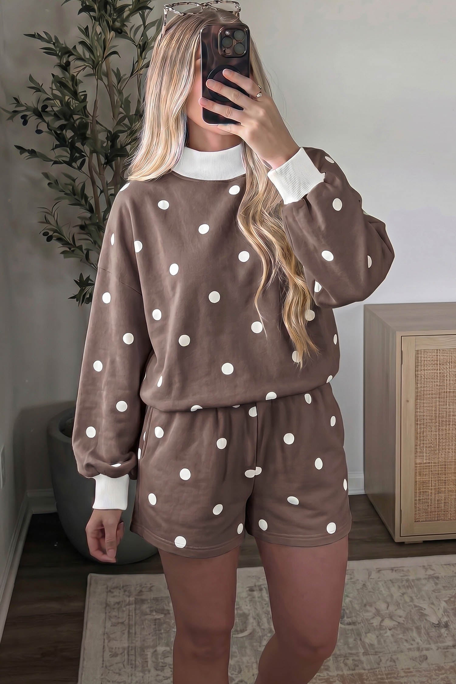 Brown Polka Dot Ribbed Trim Long Sleeve Top Casual Short Set