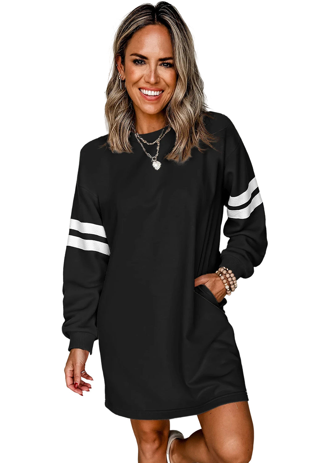 Tillandsia Purple Preppy Striped Sleeve Loose Mini Dress